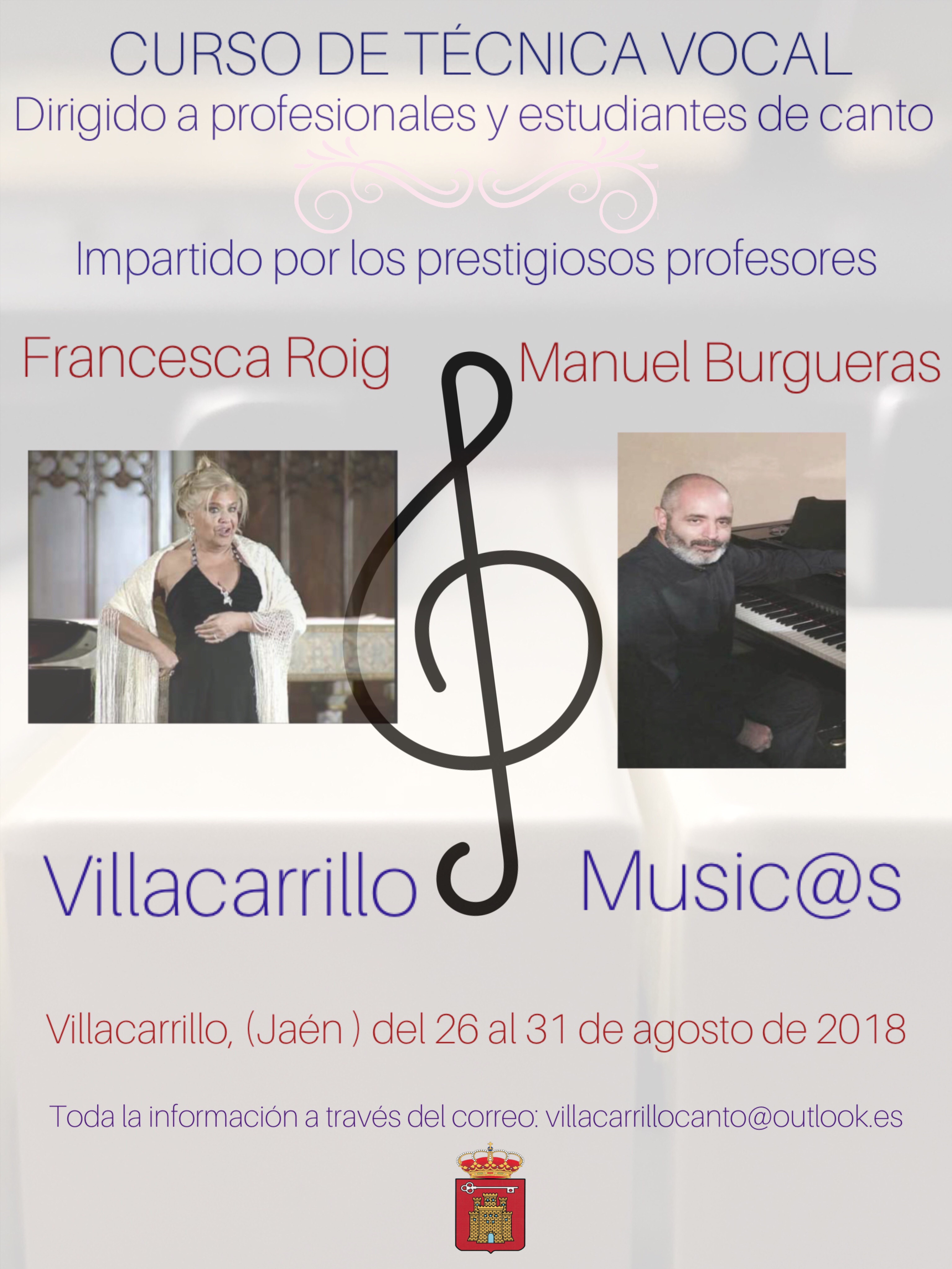 Villacarrillo acogerá un nuevo curso de técnica vocal con Francesca Roig (mezzosoprano) y Manuel Burgueras (pianista)