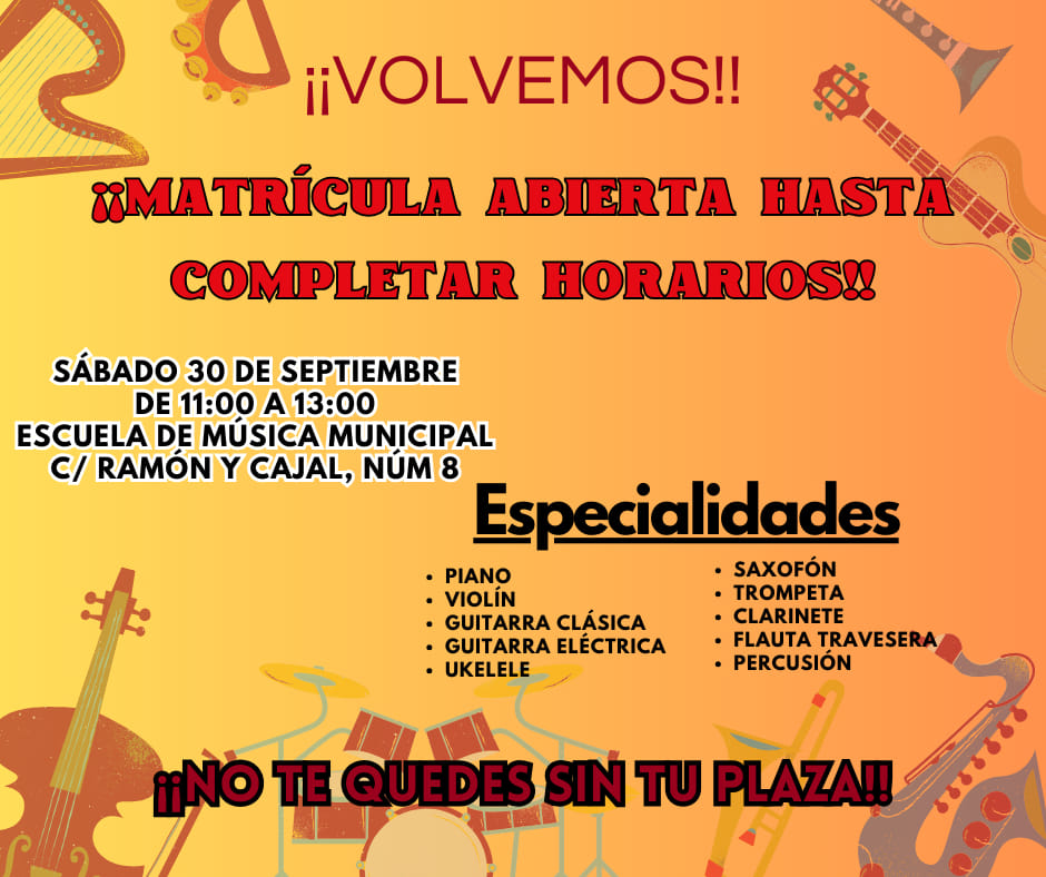 ¡Vuelve nuestra Escuela Municipal de Música, José Ángel Tortosa Granados! Este sábado te podrás enterar de todo